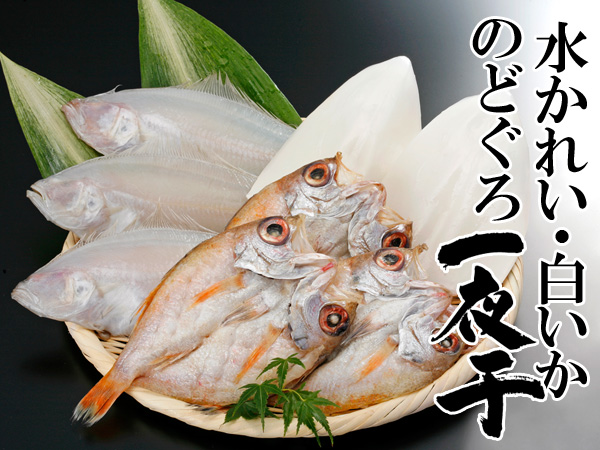 第44回水産加工たべもの展において水産庁長官賞を受賞したふぐ一夜干。鮮度を大切に、程よく干して魚本来の旨味を生かしました。白いか一夜干は鮮度抜群、最も味がしまって肉厚になった旬の白いかを手早く処理し、細心の注意による水分調整で刺身以上の旨味を引き出しています。素材の美味しさが十分に生きていますので、軽く焼いて、フンワリ柔らかな白いかの食感と自然の甘みをじっくりお楽しみいただけます。水かれい一夜干は浜田漁港で水揚げされた鮮度抜群の水かれいを手早く処理し、一夜干にしました。柔らかな身に包まれたあっさりとした上品な味わいはご飯との相性抜群です。豊かな磯の香りは酒の肴としても喜ばれています。